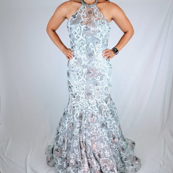 NWT Tiffany Designs Silver Floral Sequin Formal Gown $665 - Picture 3 of 12